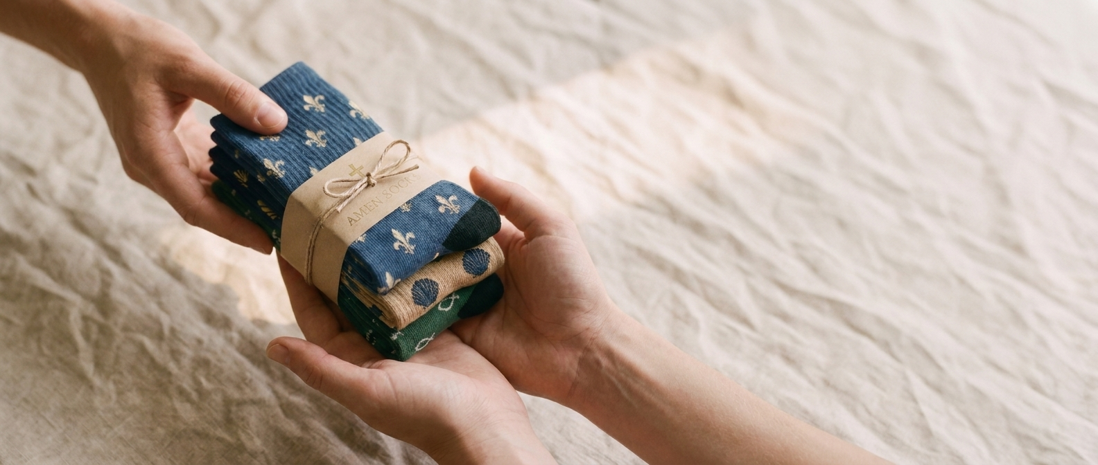 Banner regalo religioso, manos entregando calcetines AMEN SOCKS