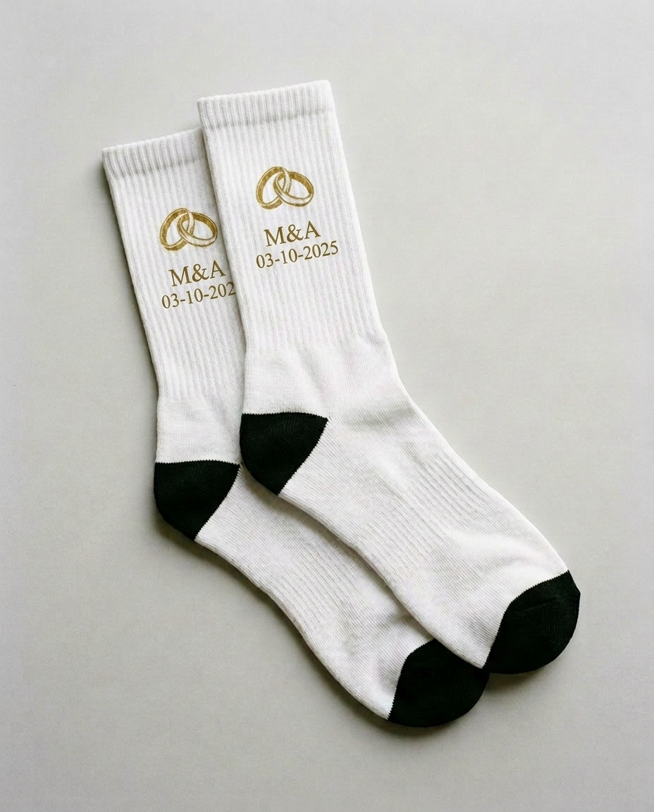Calcetines de boda personalizados ejemplo iniciales y fecha AMEN SOCKS