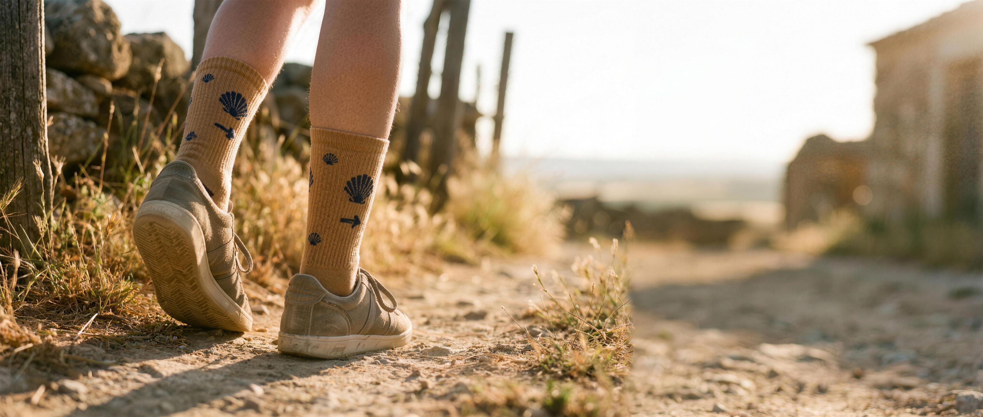Banner del Camino de Santiago: calcetines AMEN SOCKS en color camel con flecha amarilla y concha de vieira, pies caminando por un sendero al atardecer. Hechos en España.