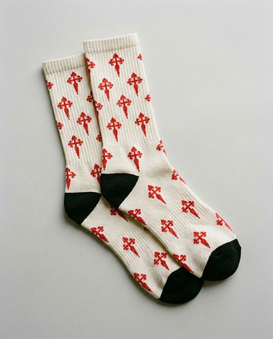Calcetines con cruz de Santiago en rojo heráldico, color crema — AMEN SOCKS