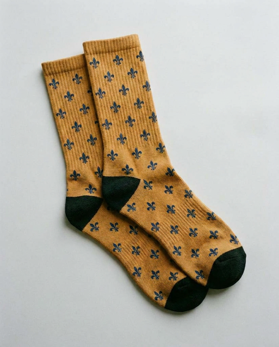 Calcetines con flor de lis, color mostaza