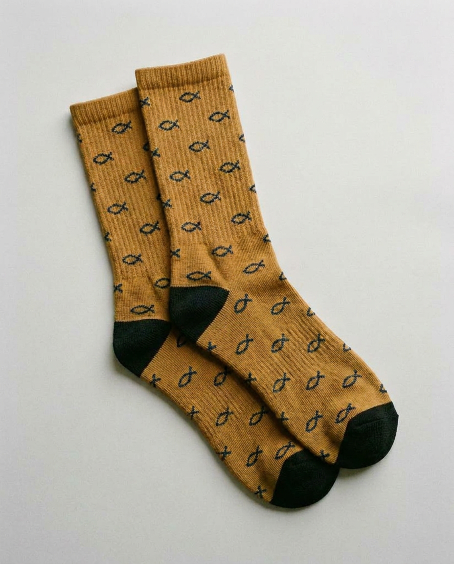 Calcetines con el pez ichthys, color mostaza
