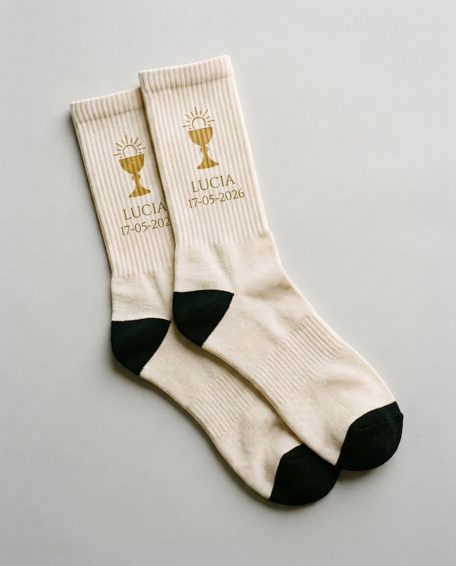 Calcetines de Primera Comunión cáliz personalizados ejemplo nombre y fecha AMEN SOCKS