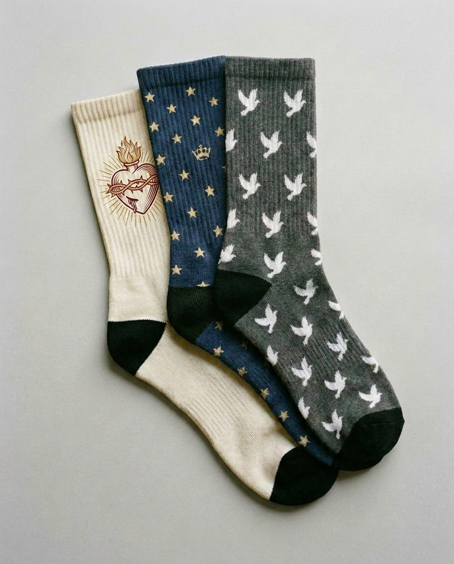 Pack de 3 calcetines de devoción: Sagrado Corazón, Estrellas Marianas y Palomas