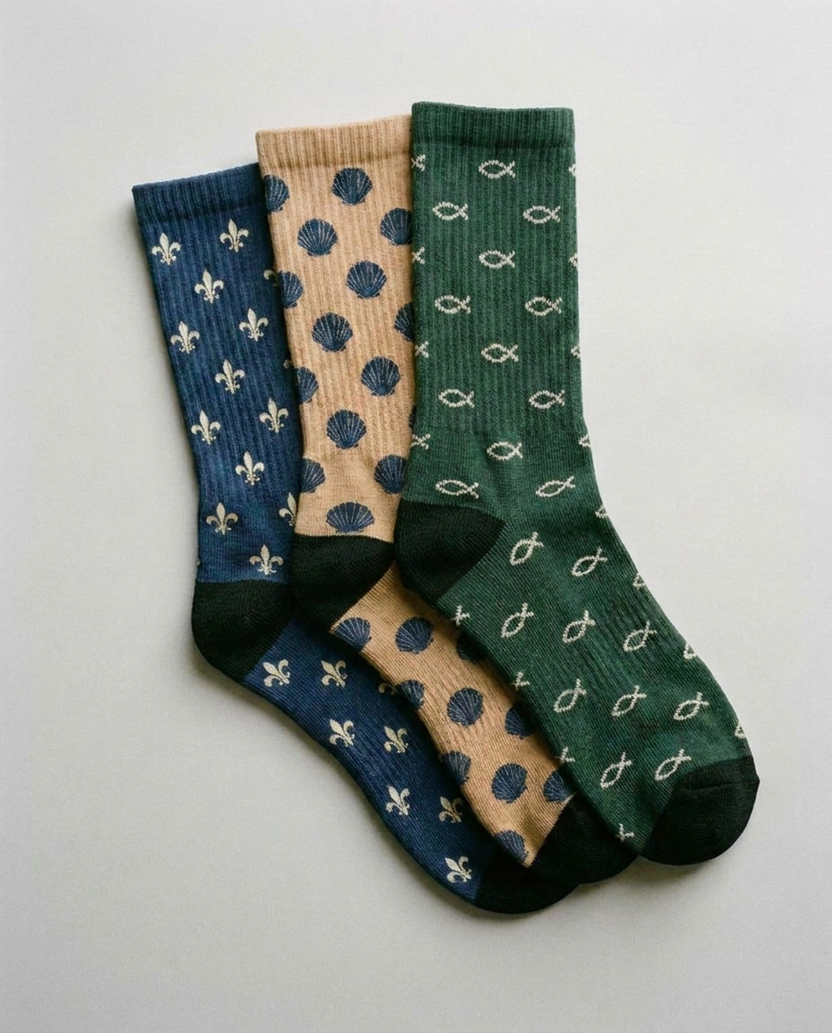 Pack de 3 calcetines con símbolos cristianos: Flor de Lis, Vieira y Pez
