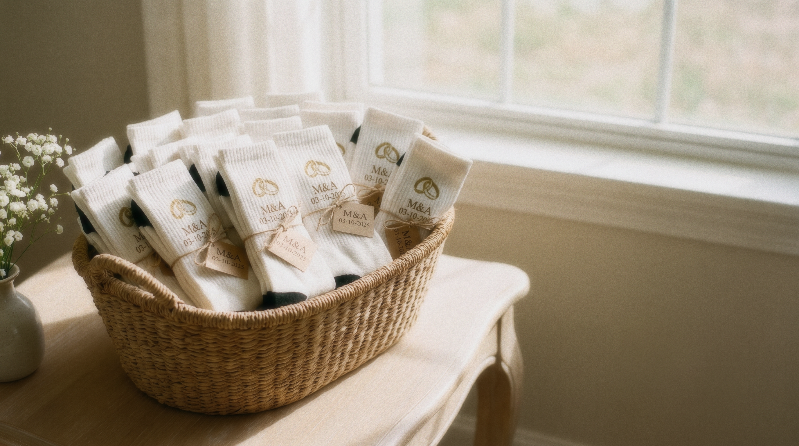 Seccion Recordatorios, cesta de calcetines personalizados de boda con iniciales y fecha, mesa minimal - AMEN SOCKS
