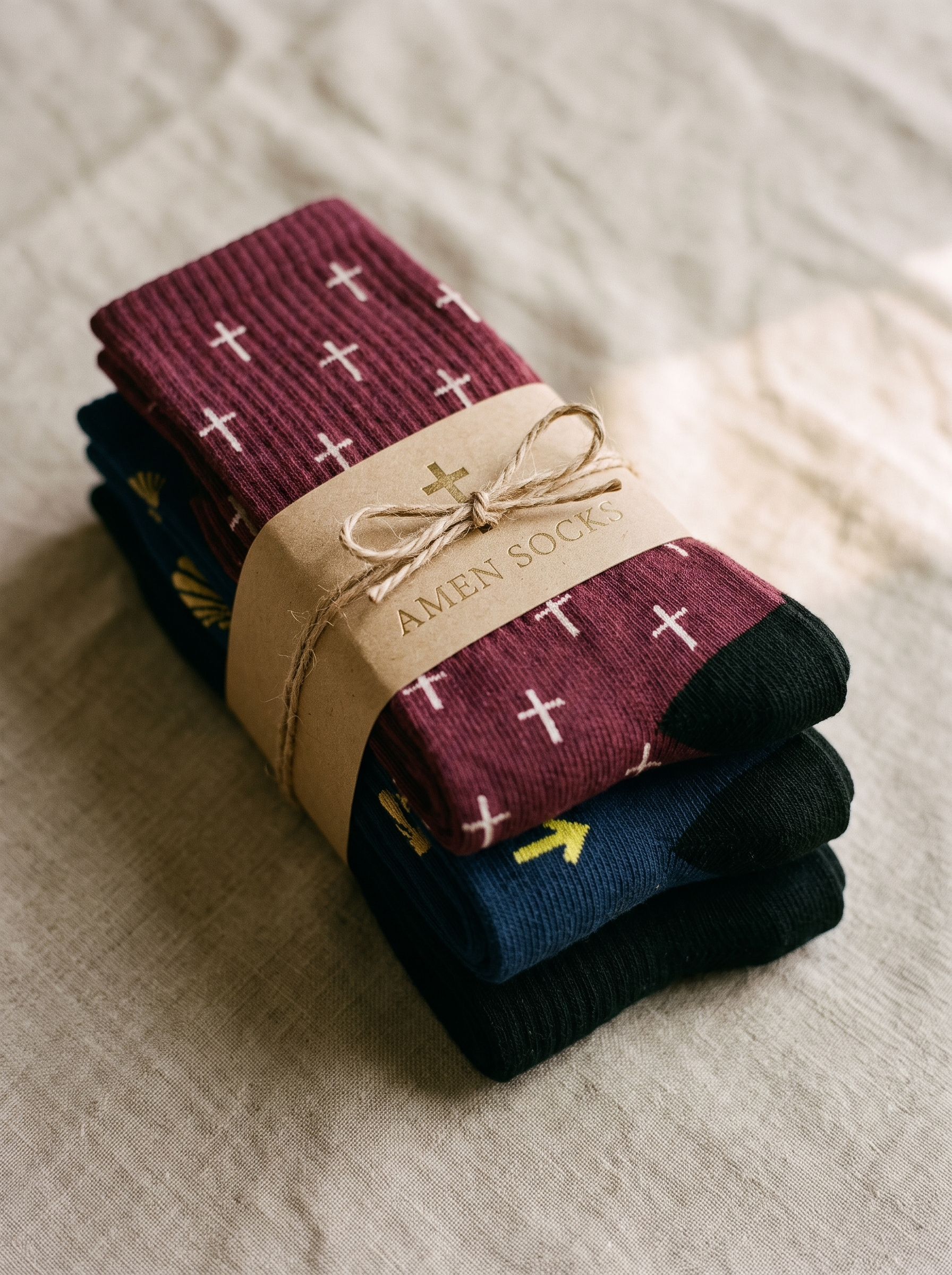 Tile Packs, pack de calcetines AMEN SOCKS con faja kraft y cordel - regalo
